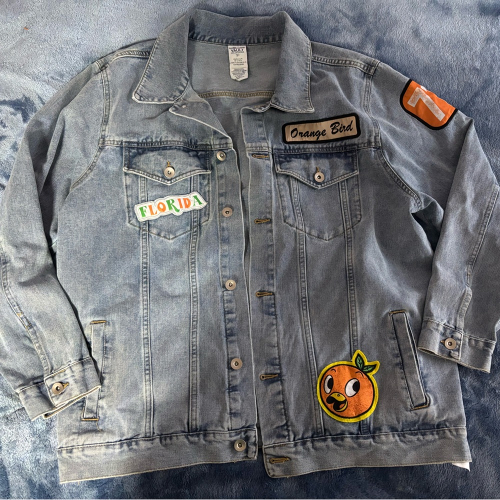 Light Blue Denim Jacket with Orange Bird Patches size large
